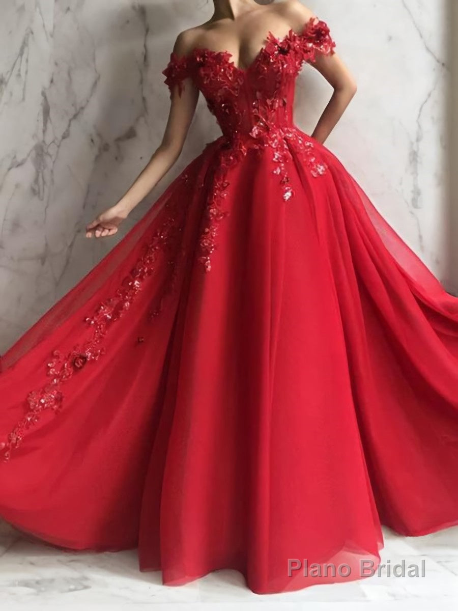 A-Line/Princess Off-the-Shoulder Floor-Length Tulle Prom Dresses With Appliques Lace Main image