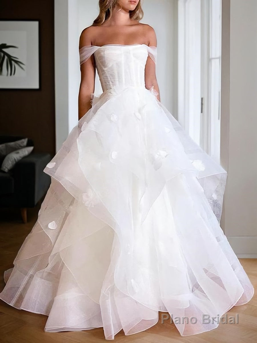 A-Line/Princess Off-the-Shoulder Floor-Length Tulle Wedding Dresses Main image