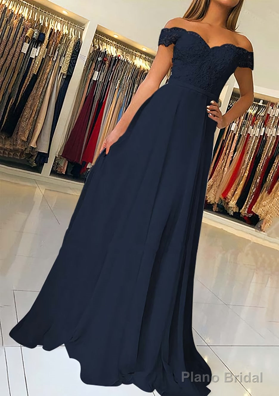 A-line/Princess Off-the-Shoulder Short Sleeve Sweep Train Chiffon Prom Dresses With Beading Appliqued Secondary image