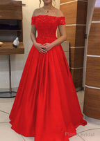 A-line/Princess Off-the-Shoulder Sleeveless Long/Floor-Length Elastic Satin Prom Dresses With Lace Pleated