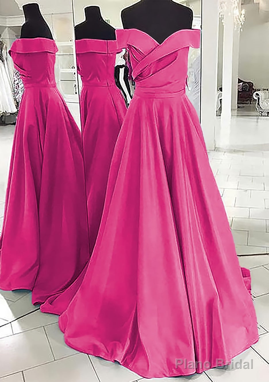 A-line/Princess Off-the-Shoulder Sleeveless Sweep Train Satin Prom Dresses