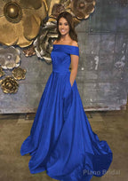 A-line/Princess Off-the-Shoulder Sleeveless Sweep Train Satin Prom Dresses With Low Back