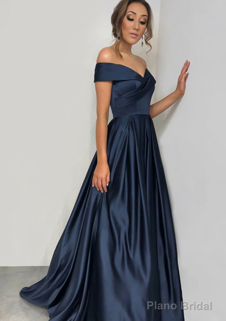 A-line/Princess Off-the-Shoulder Sleeveless Sweep Train Satin Prom Dresses With Pleated