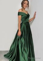 A-line/Princess Off-the-Shoulder Sleeveless Sweep Train Satin Prom Dresses With Pleated