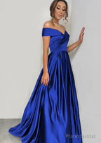 A-line/Princess Off-the-Shoulder Sleeveless Sweep Train Satin Prom Dresses With Pleated