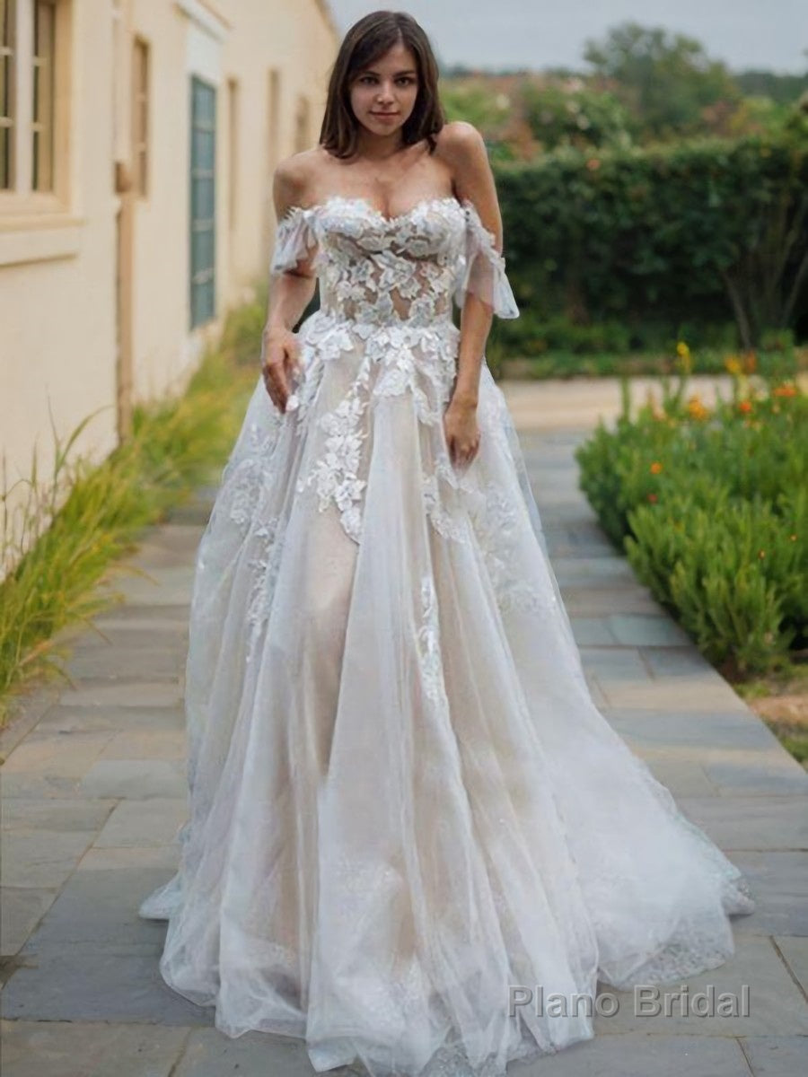A-Line/Princess Off-the-Shoulder Sweep Train Lace Wedding Dresses Main image