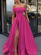 A-Line/Princess Off-the-Shoulder Sweep Train Satin Prom Dresses With Leg Slit