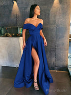 A-Line/Princess Off-the-Shoulder Sweep Train Satin Prom Dresses With Leg Slit