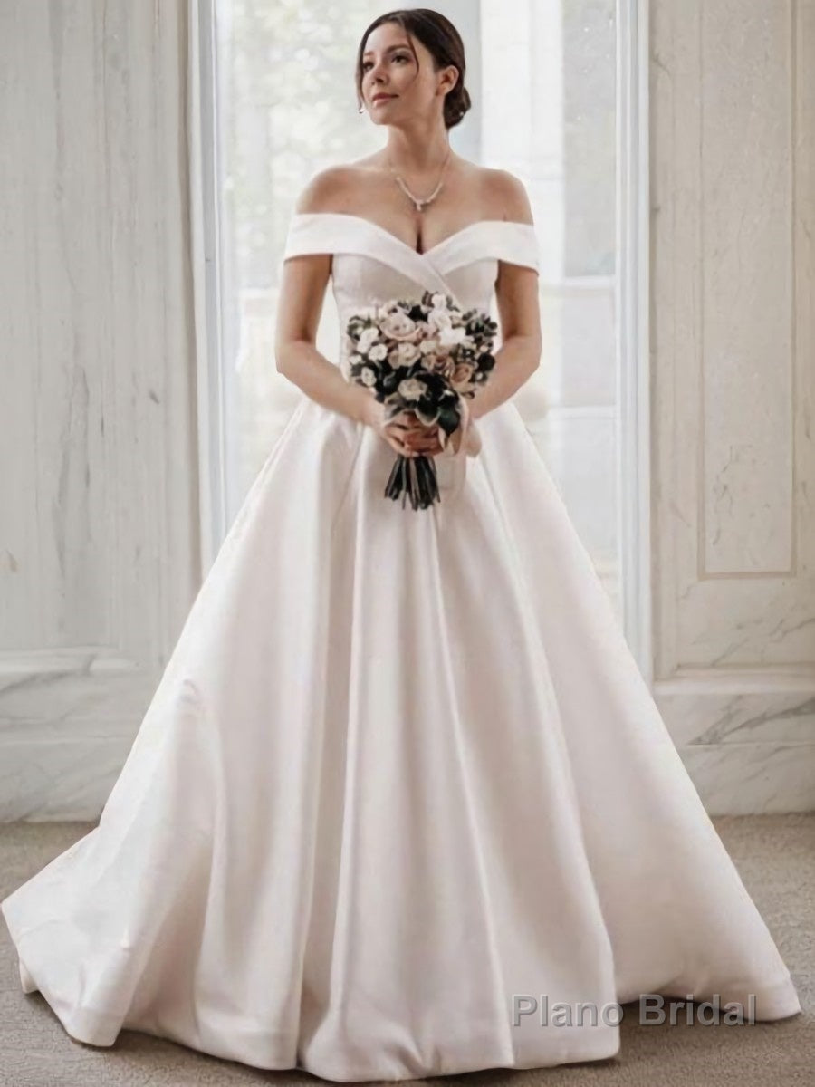 A-Line/Princess Off-the-Shoulder Sweep Train Satin Wedding Dresses Main image