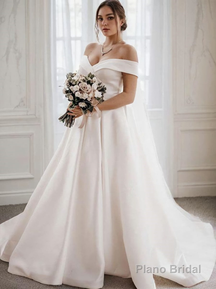 A-Line/Princess Off-the-Shoulder Sweep Train Satin Wedding Dresses Secondary image