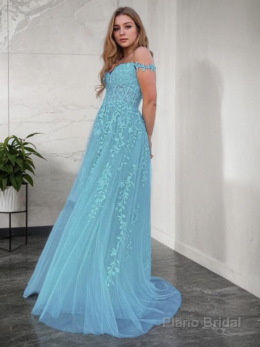 A-Line/Princess Off-the-Shoulder Sweep Train Tulle Prom Dresses With Appliques Lace