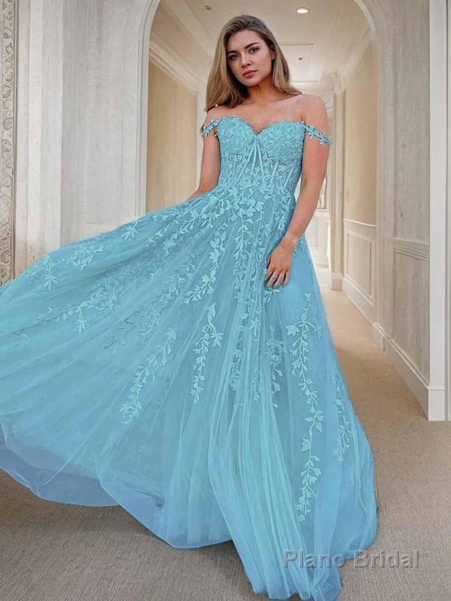 A-Line/Princess Off-the-Shoulder Sweep Train Tulle Prom Dresses With Appliques Lace