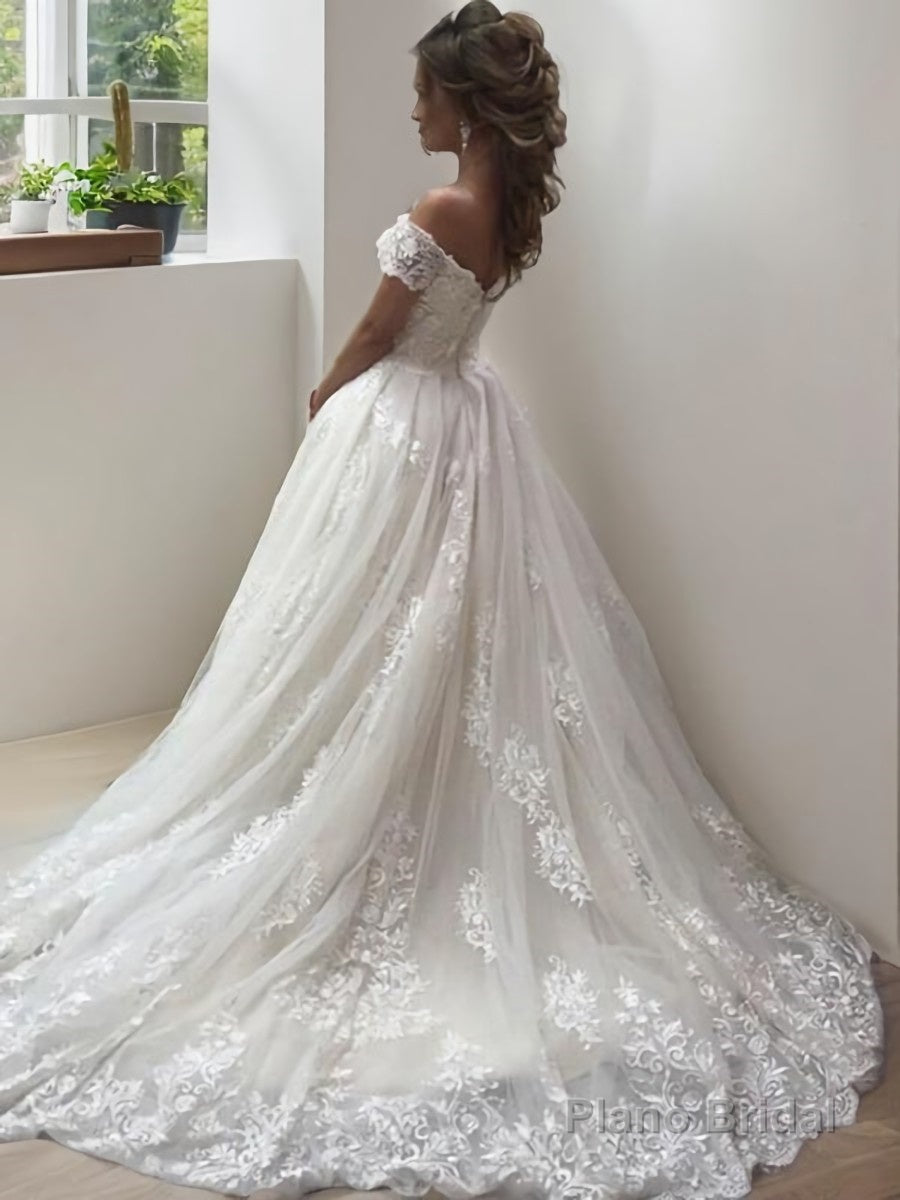 A-Line/Princess Off-the-Shoulder Sweep Train Tulle Wedding Dresses With Appliques Lace Secondary image