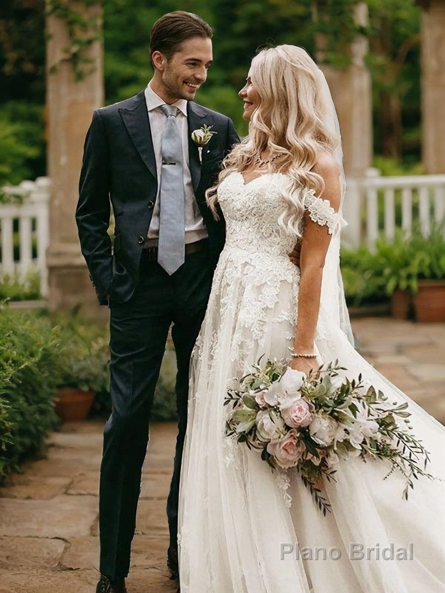 A-Line/Princess Off-the-Shoulder Sweep Train Tulle Wedding Dresses With Appliques Lace Main image