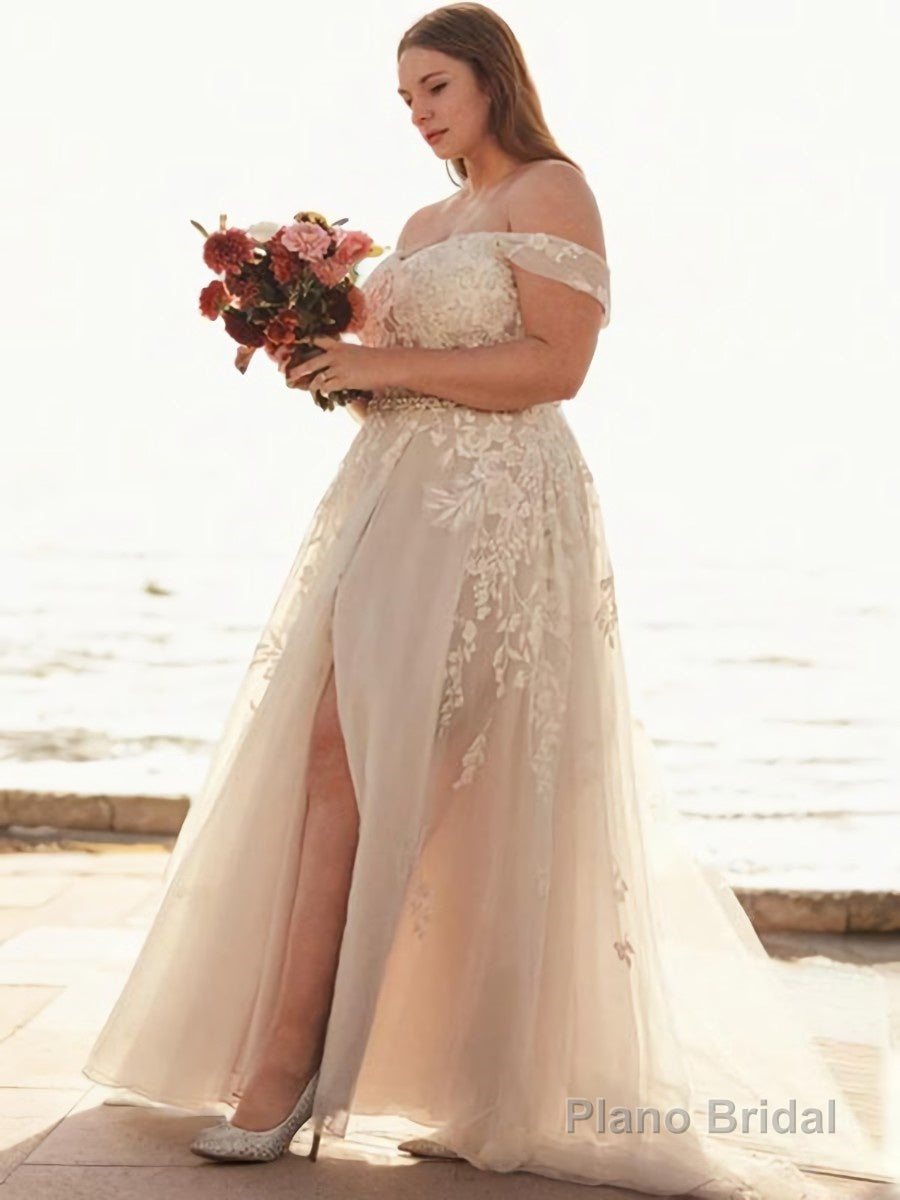 A-Line/Princess Off-the-Shoulder Sweep Train Tulle Wedding Dresses With Leg Slit Main image