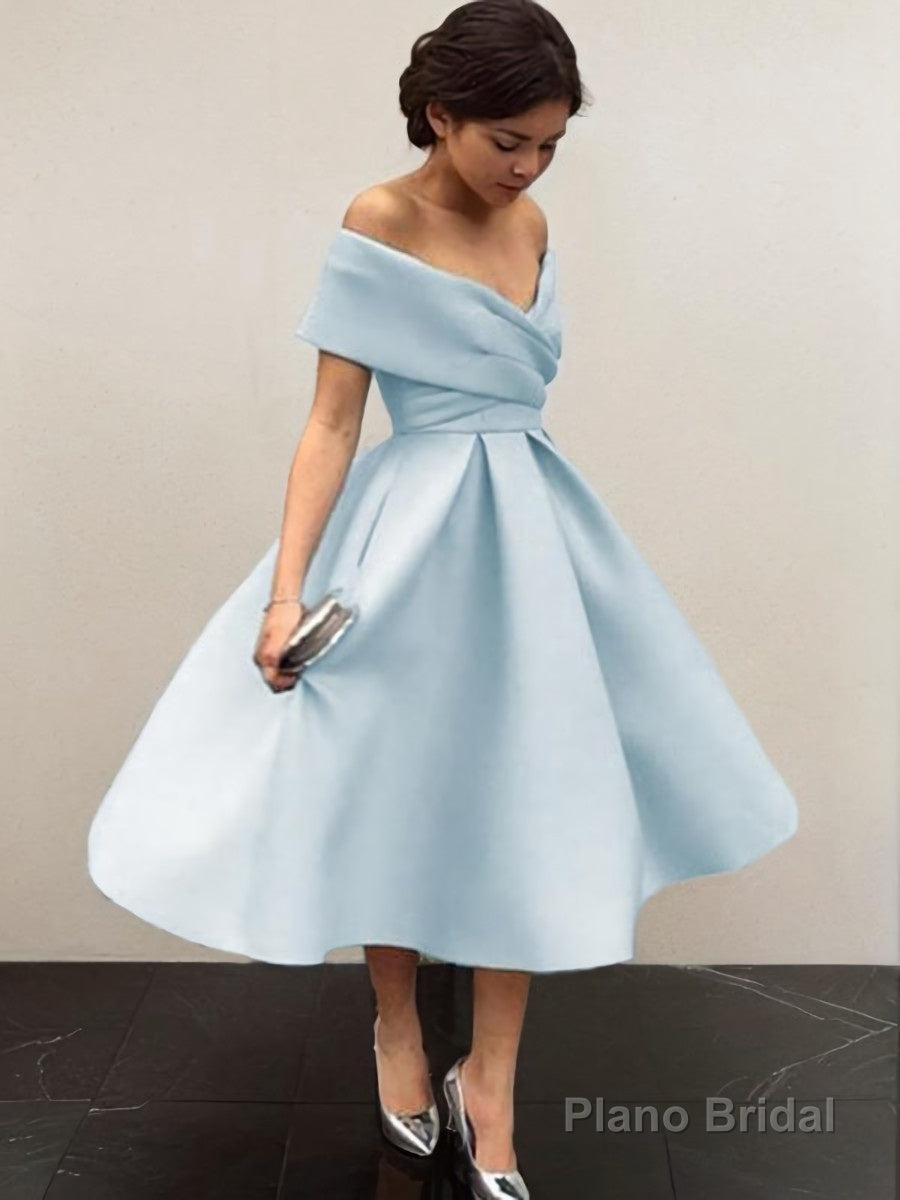 A-Line/Princess Off-the-Shoulder Tea-Length Satin Homecoming Dresses With Ruffles Main image