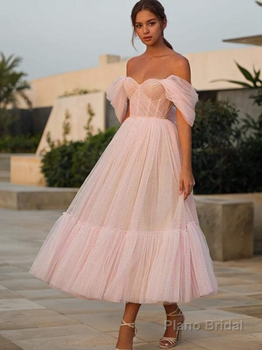 A-Line/Princess Off-the-Shoulder Tea-Length Tulle Homecoming Dresses With Ruffles Main image