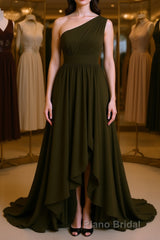 A-Line/Princess One-Shoulder Asymmetrical Chiffon Bridesmaid Dresses with Pleated