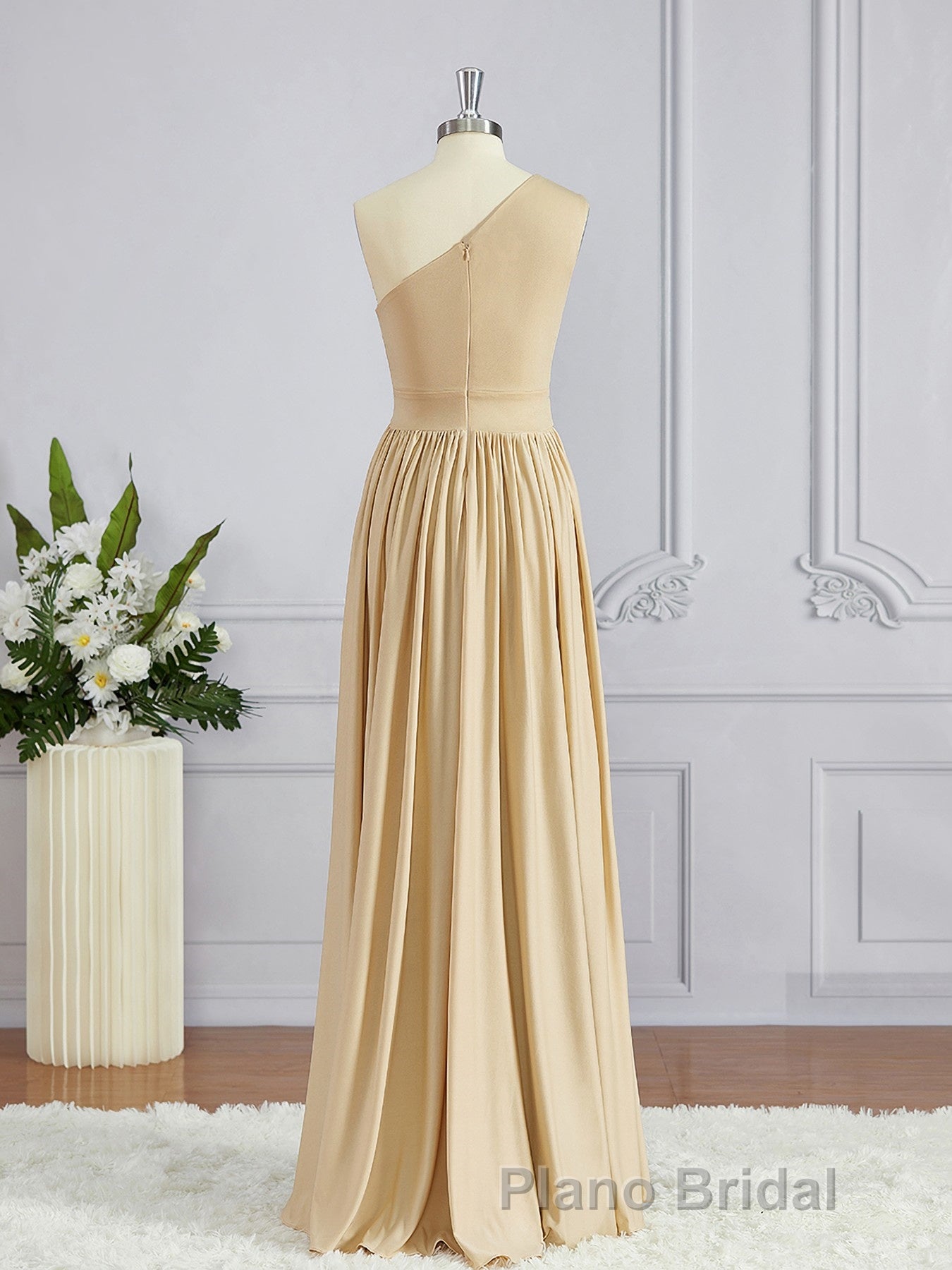 A-Line/Princess One-Shoulder Floor-Length Jersey Bridesmaid Dresses with Leg Slit