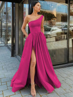 A-Line/Princess One-Shoulder Floor-Length Satin Prom Dresses With Leg Slit