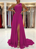 A-Line/Princess One-Shoulder Sweep Train Chiffon Prom Dresses With Leg Slit