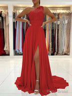 A-Line/Princess One-Shoulder Sweep Train Chiffon Prom Dresses With Leg Slit