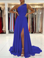 A-Line/Princess One-Shoulder Sweep Train Chiffon Prom Dresses With Leg Slit