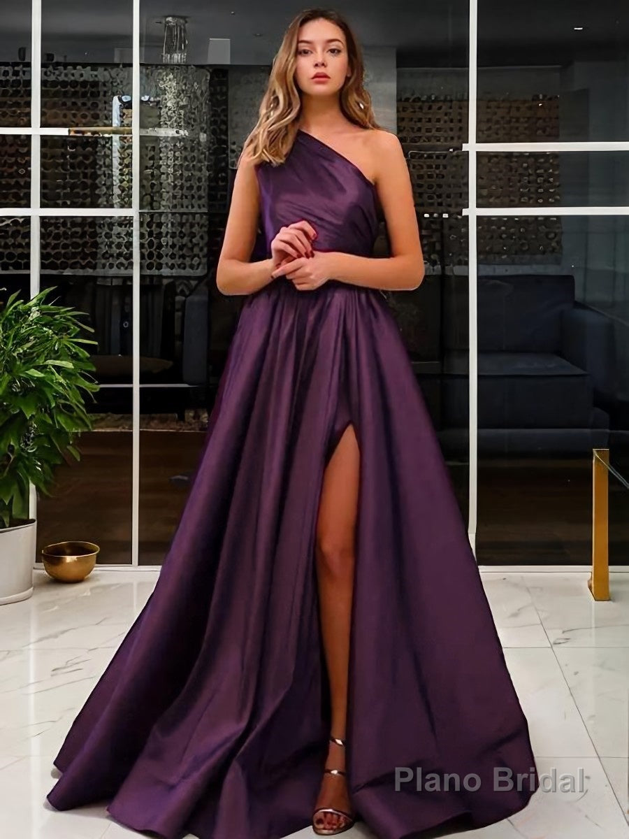 A-Line/Princess One-Shoulder Sweep Train Satin Prom Dresses With Leg Slit Main image