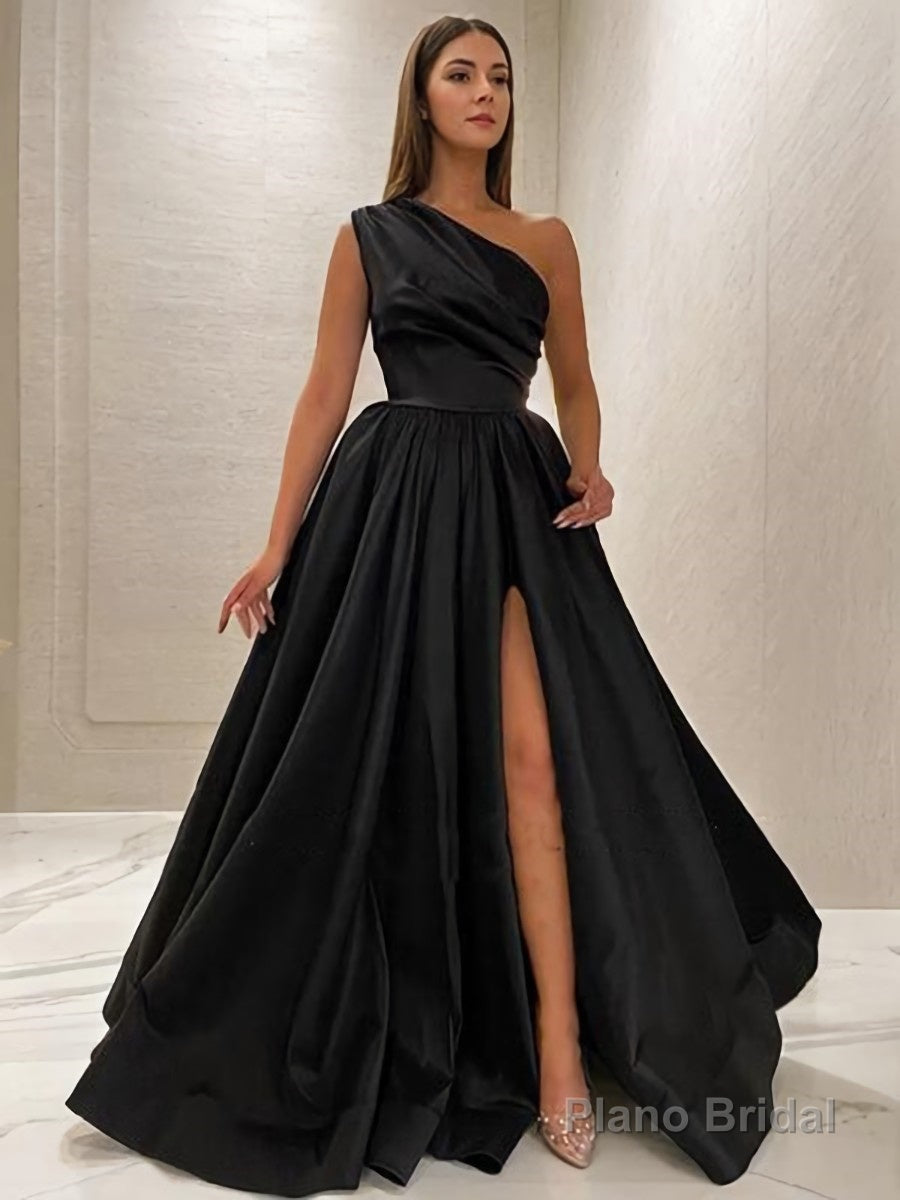 A-Line/Princess One-Shoulder Sweep Train Satin Prom Dresses With Leg Slit Secondary image