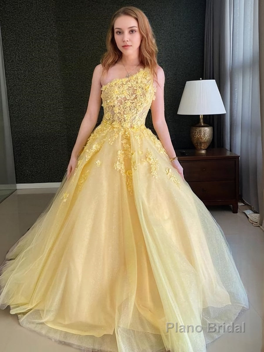 A-Line/Princess One-Shoulder Sweep Train Tulle Prom Dresses With Appliques Lace Main image
