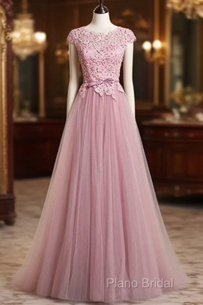 A-Line/Princess Sash Tulle Floor-Length Lace Formal Prom Dresses Main image