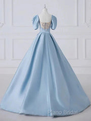 A-Line Princess Satin Blue Long Formal Prom Dresses Quinceanera Dresses Elegant Formal Dresses