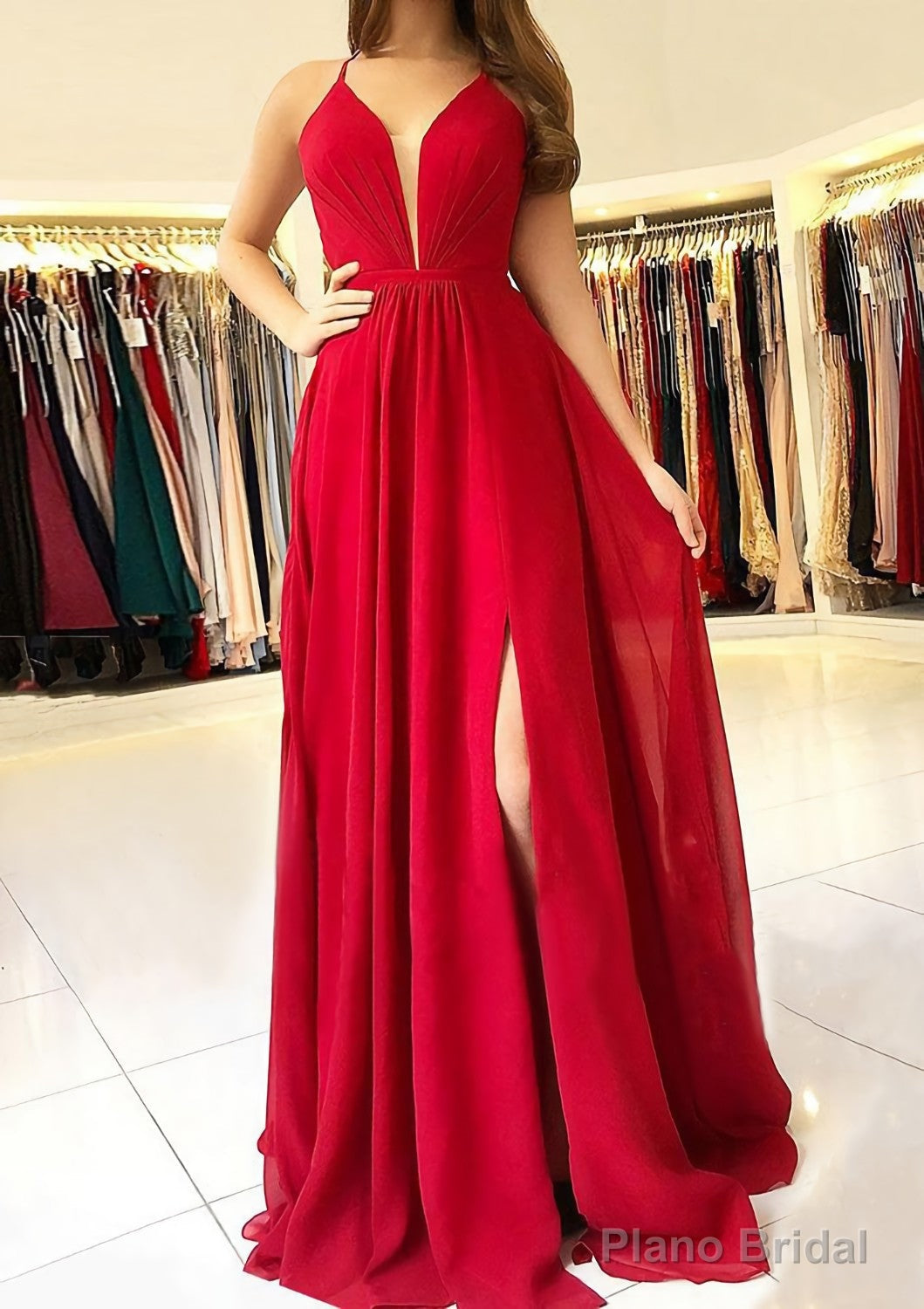 A-line/Princess Scalloped Neck Sleeveless Long/Floor-Length Chiffon Prom Dresses With Split Main image