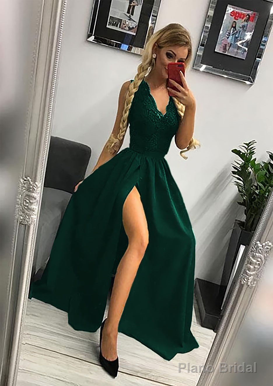 A-line/Princess Scalloped Neck Sleeveless Long/Floor-Length Elastic Satin Prom Dresses With Lace Split