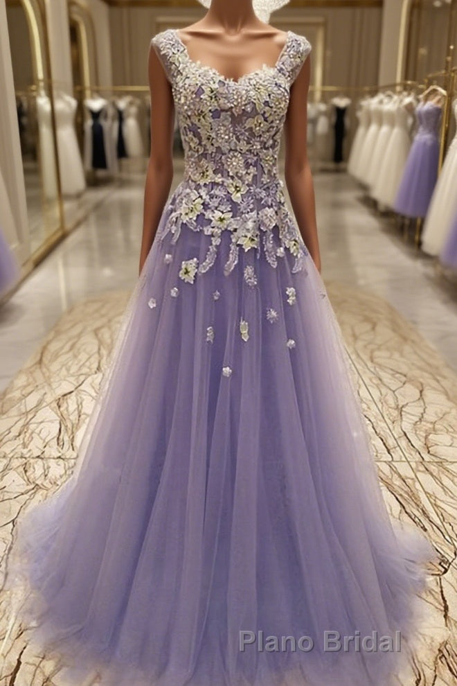A-Line/Princess Scoop Floor-Length Tulle Evening Dresses With Appliques Lace Main image