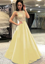 A-line/Princess Scoop Neck Sleeveless Long/Floor-Length Satin Prom Dresses With Beading
