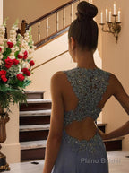 A-Line/Princess Scoop Sweep Train Chiffon Prom Dresses With Appliques Lace