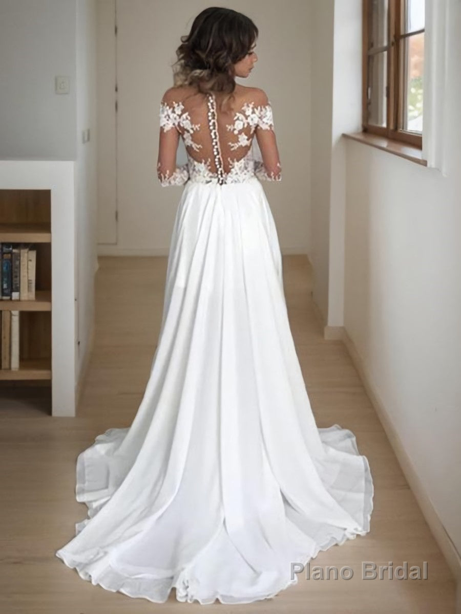 A-Line/Princess Scoop Sweep Train Chiffon Wedding Dresses With Leg Slit Secondary image