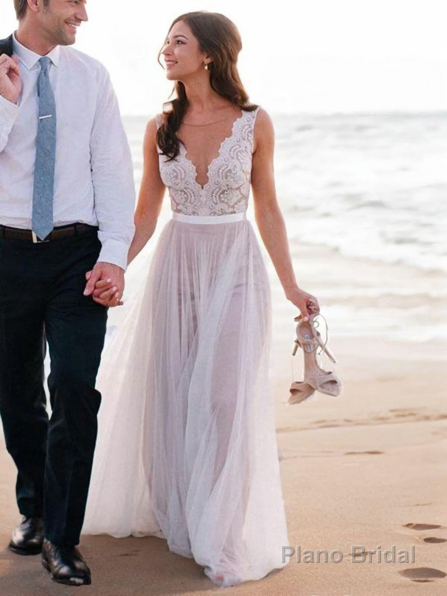 A-Line/Princess Scoop Sweep Train Tulle Wedding Dresses Main image