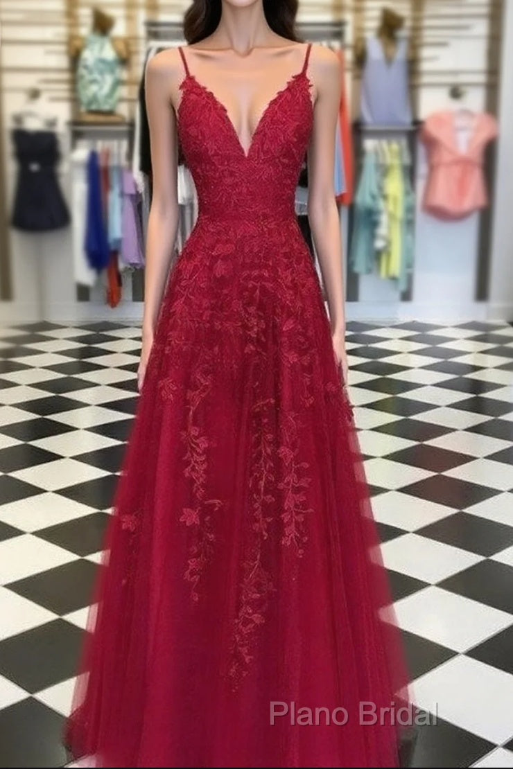 A-Line/Princess Sleeveless V-Neck Floor-Length Applique Tulle Dresses Main image