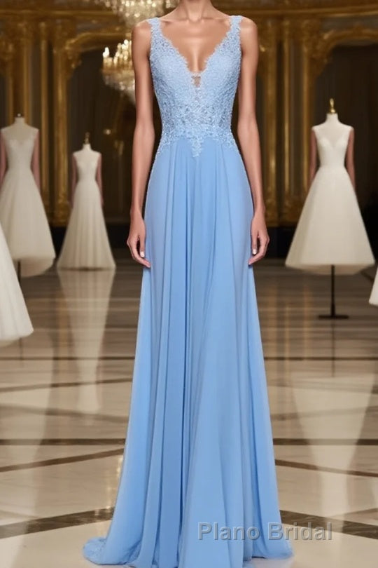 A-Line/Princess Spaghetti Straps Floor-Length Chiffon Formal Prom Dresses With Appliques Lace Main image