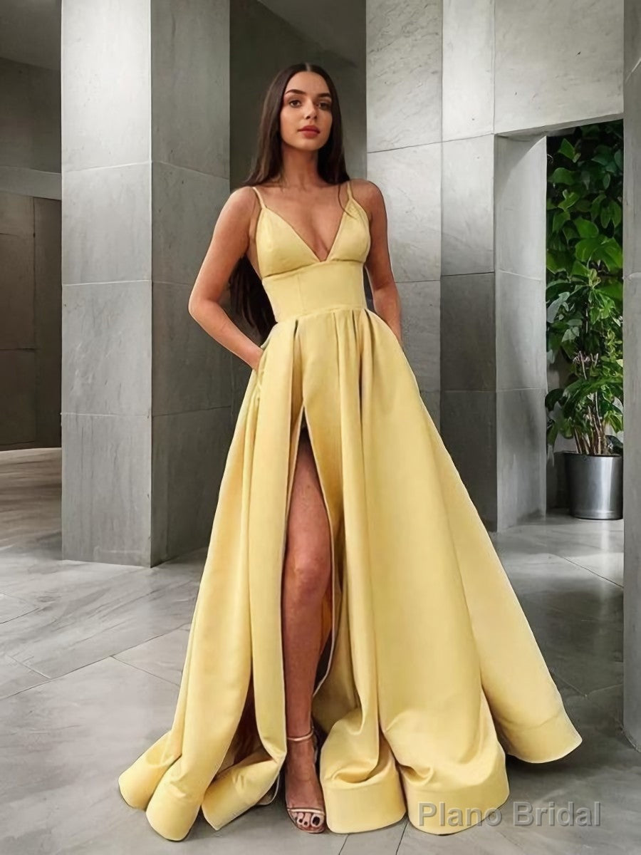 A-Line/Princess Spaghetti Straps Floor-Length Satin Prom Dresses With Leg Slit Main image