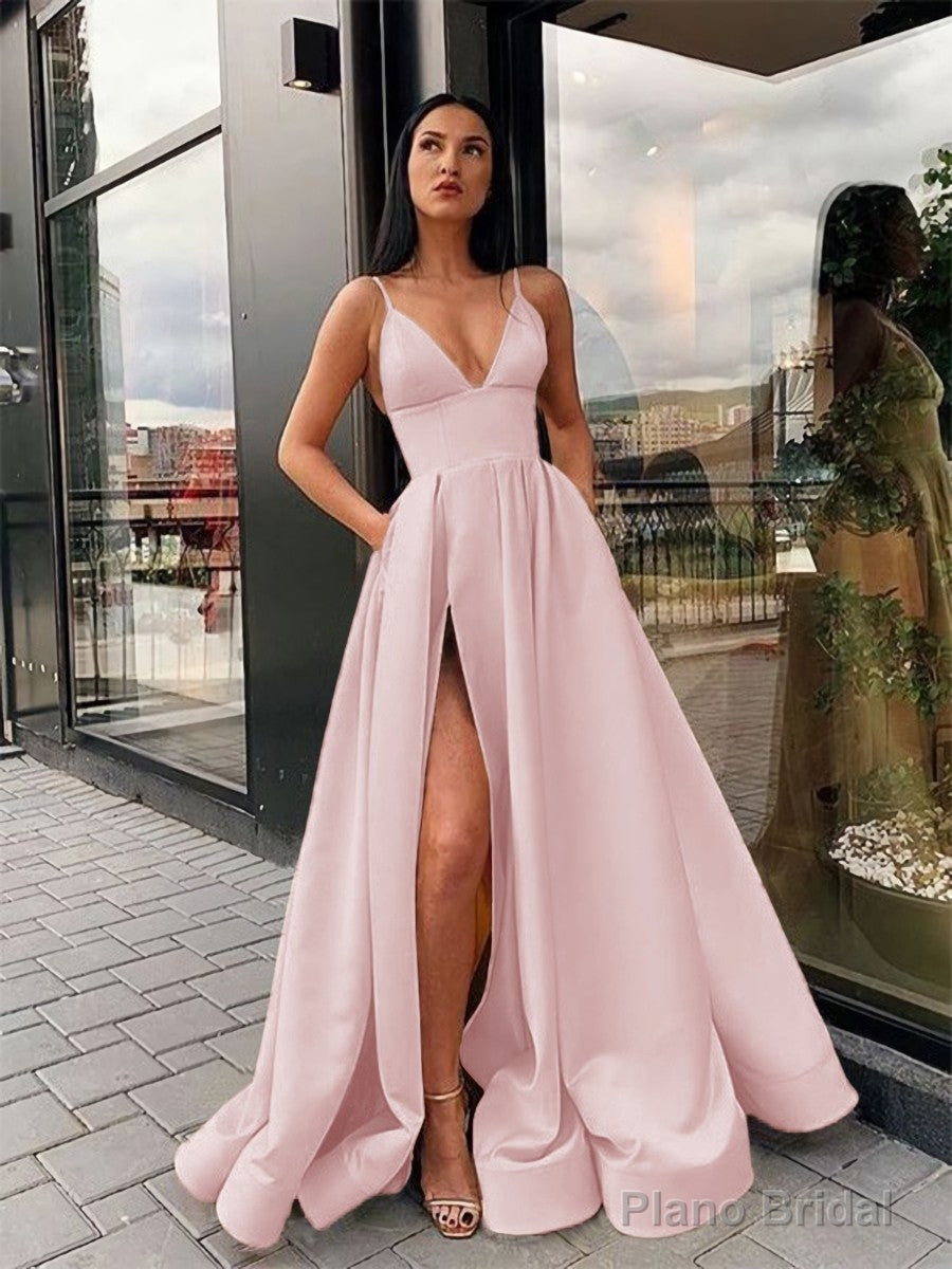 A-Line/Princess Spaghetti Straps Floor-Length Satin Prom Dresses With Leg Slit