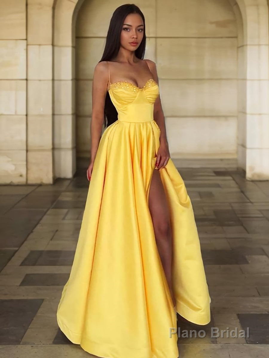 A-Line/Princess Spaghetti Straps Floor-Length Satin Prom Dresses With Leg Slit Main image
