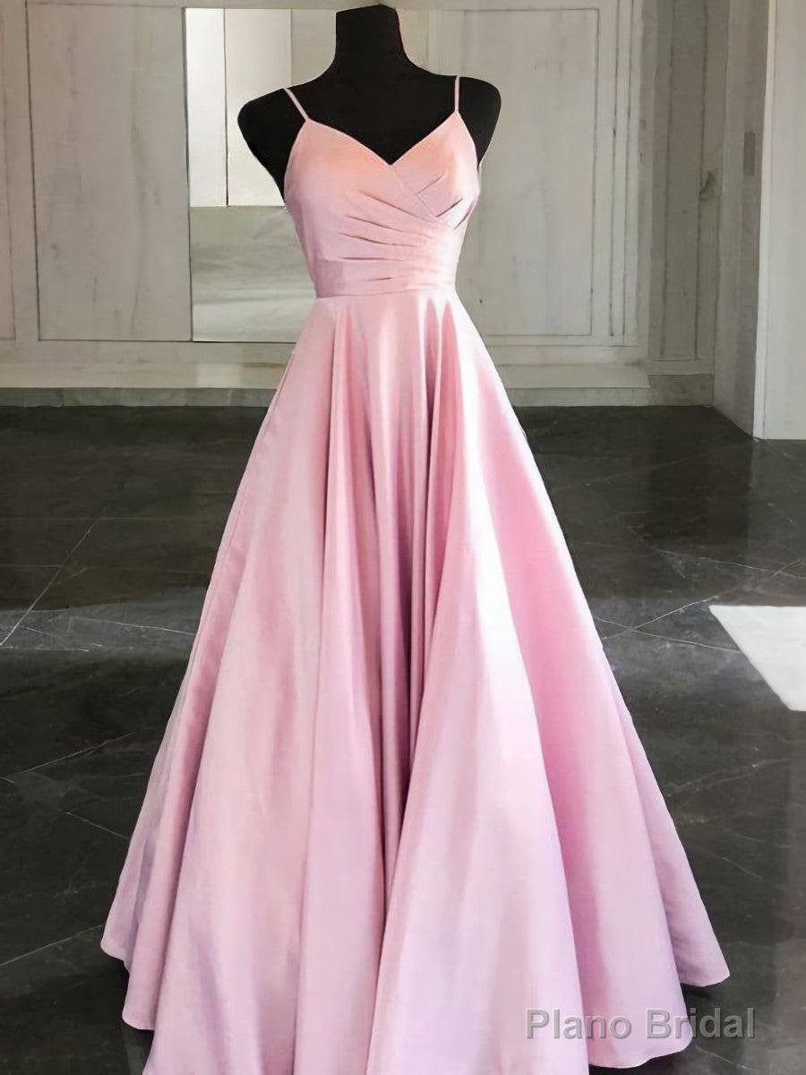 A-Line/Princess Spaghetti Straps Floor-Length Satin Prom Dresses With Ruffles Main image