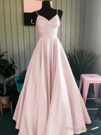 A-Line/Princess Spaghetti Straps Floor-Length Satin Prom Dresses With Ruffles
