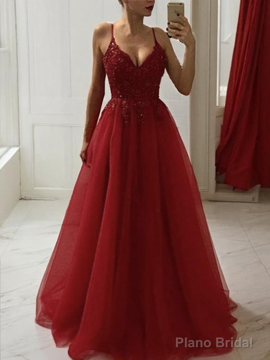 A-Line/Princess Spaghetti Straps Floor-Length Tulle Prom Dresses With Appliques Lace Main image