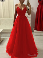 A-Line/Princess Spaghetti Straps Floor-Length Tulle Prom Dresses With Appliques Lace