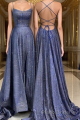 A-Line/Princess Spaghetti Straps Sweep Train Formal Prom Dresses