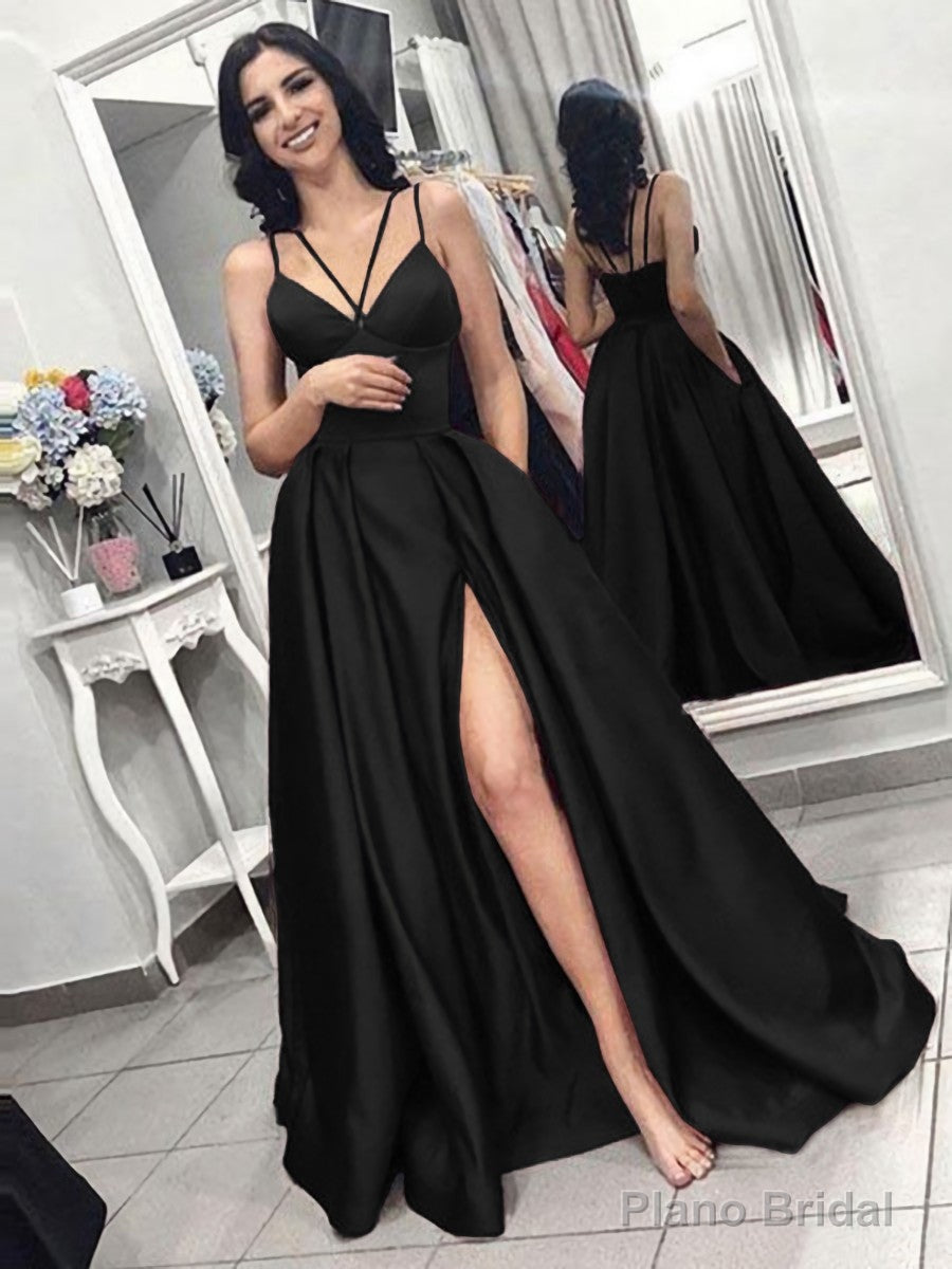 A-Line/Princess Spaghetti Straps Sweep Train Satin Evening Dresses With Pockets Secondary image